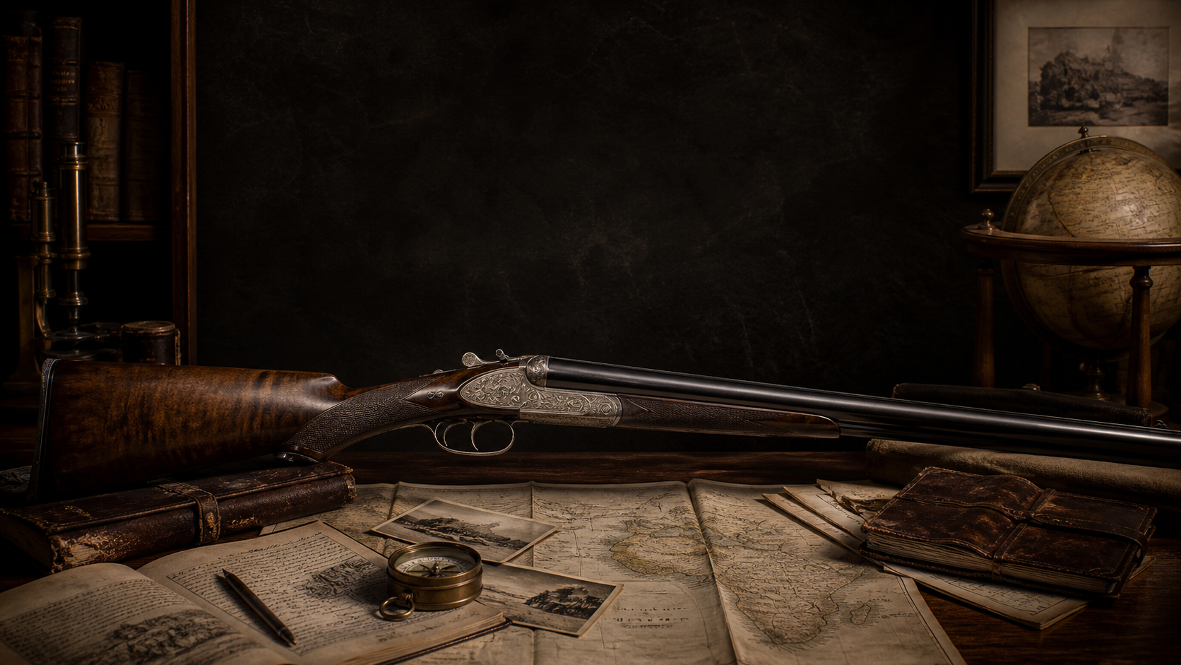 An engraved sporting rifle displayed with maps and archival materials