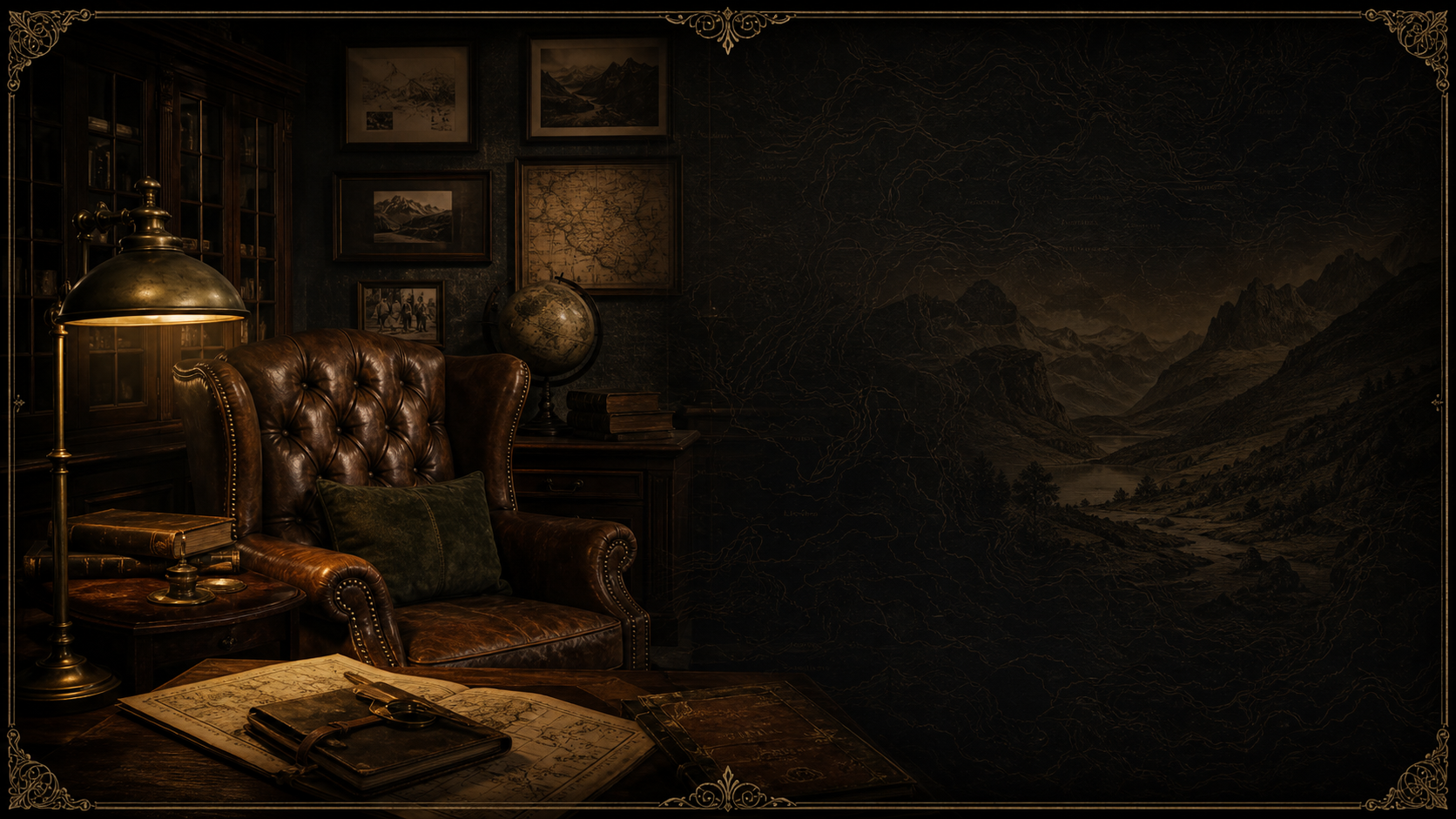 A cinematic collector’s study blending into an engraved expedition landscape
